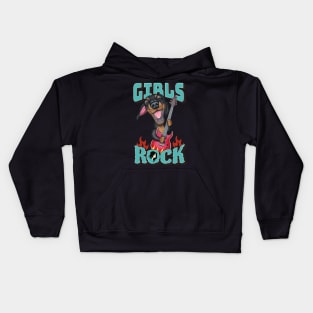 Fun Girls Rock with Dachshund Doxie Dog and guitar Kids Hoodie